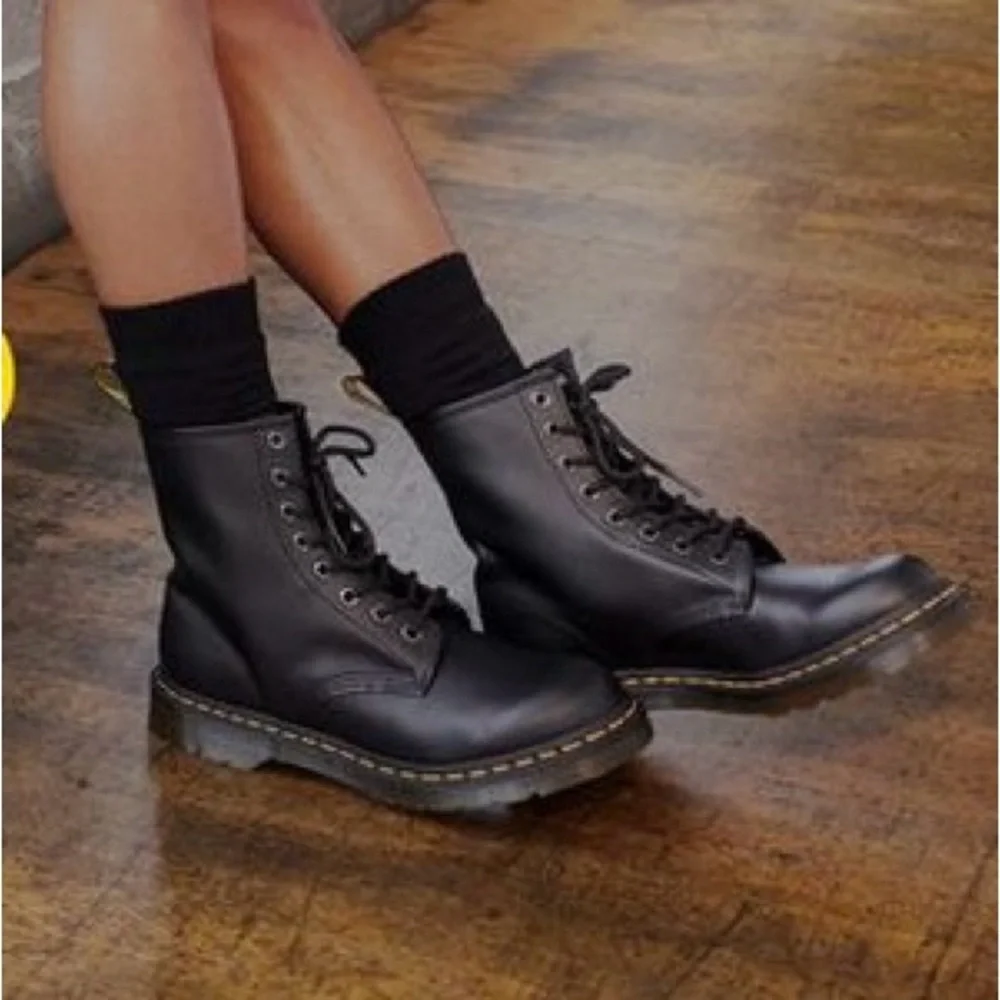 Dr. Martens 1460 Smooth Black Leather Lace-Up Combat Boots with Yellow Stitching